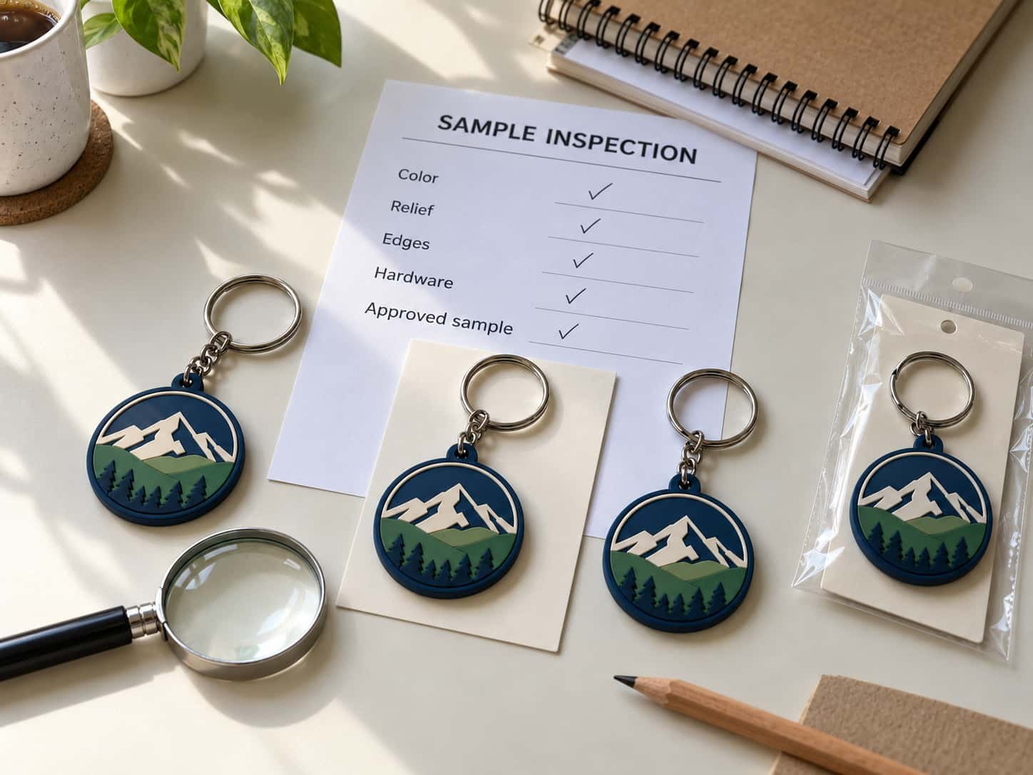 Image de remplacement pour l'inspection d'un échantillon physique de porte-clés en PVC